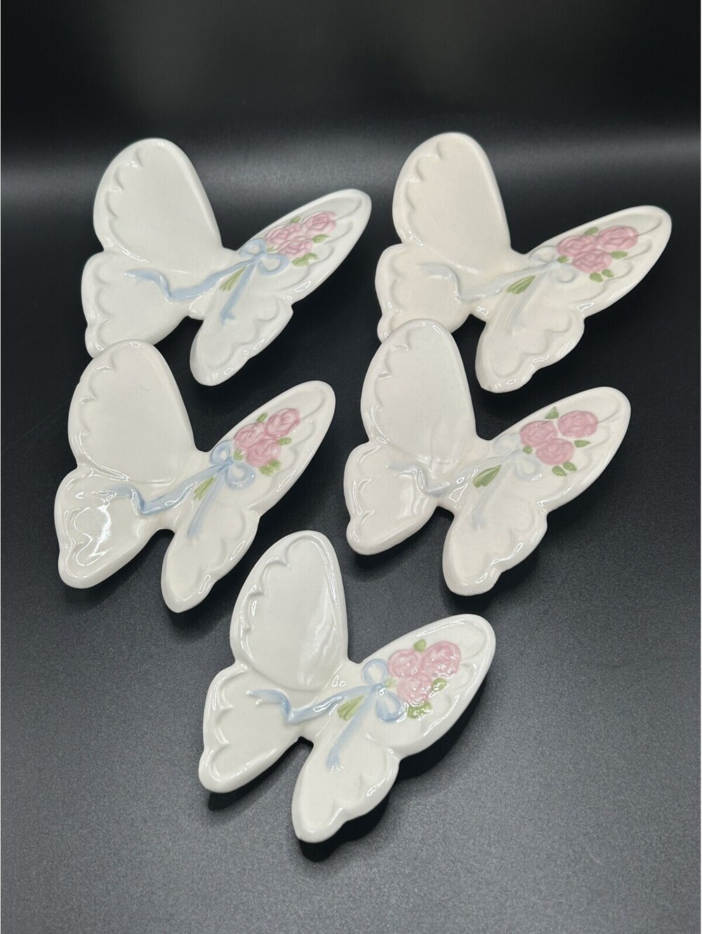 Vintage Set Of 5 Homco Ceramic Butterflies Pink Roses Hanging Wall Decor 1970’s